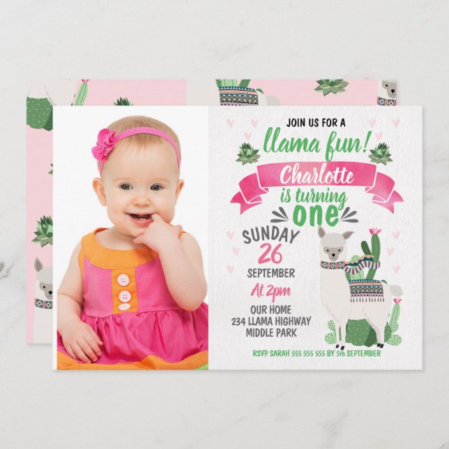Girls Llama Photo Birthday Invitation (Front/Back)