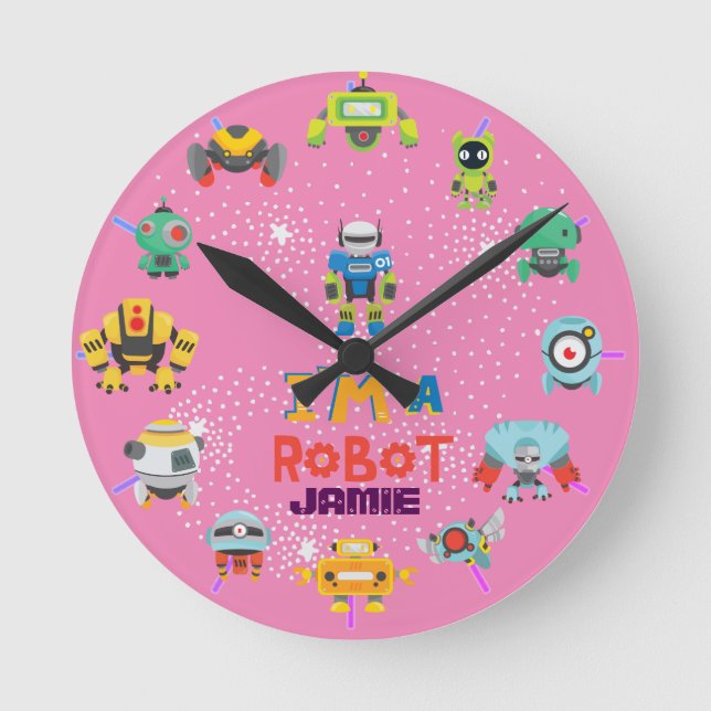 Girls Love Robots Pink Cute Cartoon Named Round Clock (Front)