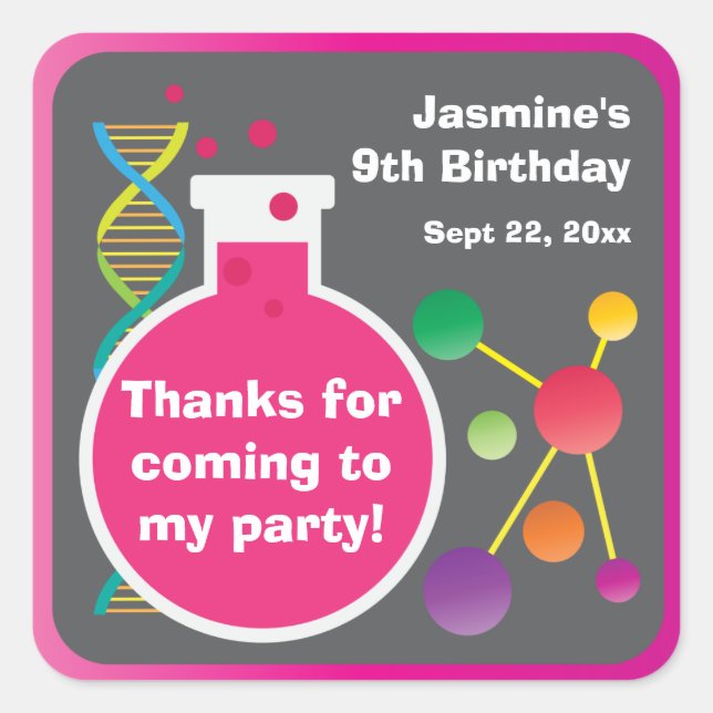 Girl's Mad Science Lab Birthday Party Favour Square Sticker (Front)