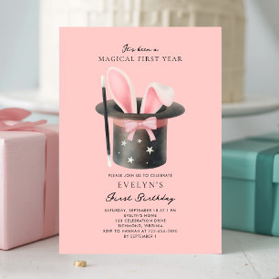 Girls Magical First Year Pink Bow 1st Birthday Invitation