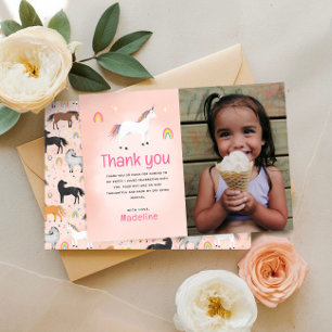 Girls Magical Pastel Pink Unicorn Birthday Photo Thank You Card