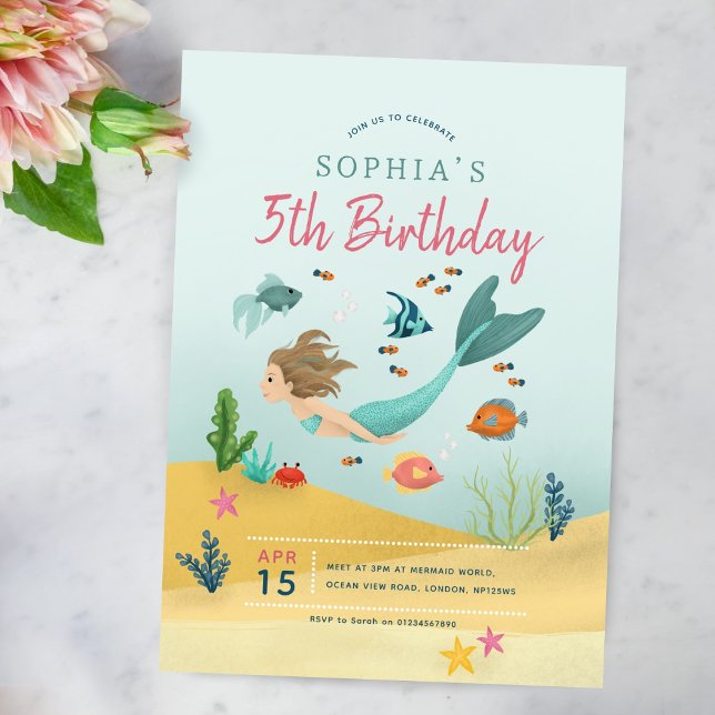 Girls Magical Under the Sea Mermaid 5th Birthday Invitation (Creator Uploaded)