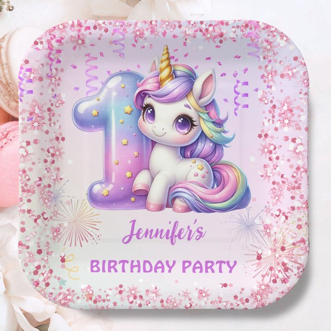 Girls Magical Unicorn 1st Birthday Party Paper Plate (Creator Uploaded)