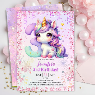 Girls Magical Unicorn 3rd Birthday Party Invitation