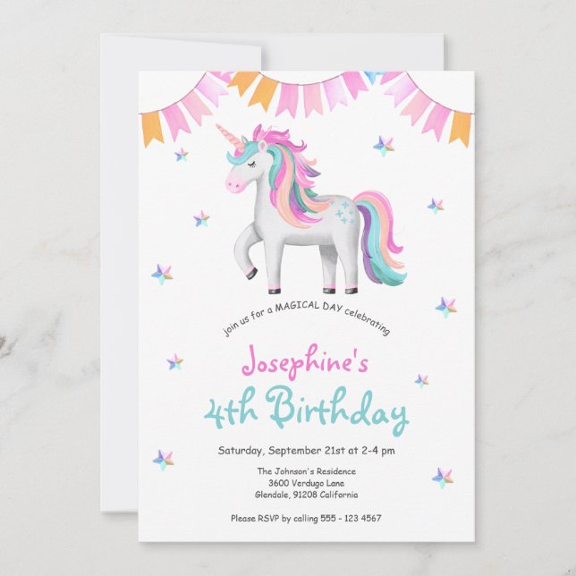 Girls Magical Unicorn 4th Birthday Party Invitation (Front)