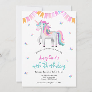 Girls Magical Unicorn 4th Birthday Party Invitation