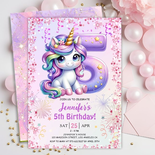 Girls Magical Unicorn 5th Birthday Party Invitatio Invitation (Creator Uploaded)