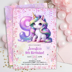 Girls Magical Unicorn 9th Birthday Party Invitation