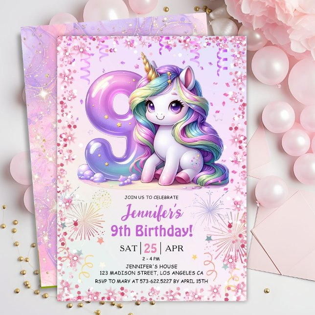 Girls Magical Unicorn 9th Birthday Party Invitation (Creator Uploaded)