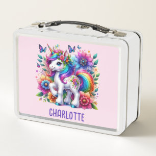 Girls Magical Unicorn Rainbow Kids Personalised  Metal Lunch Box
