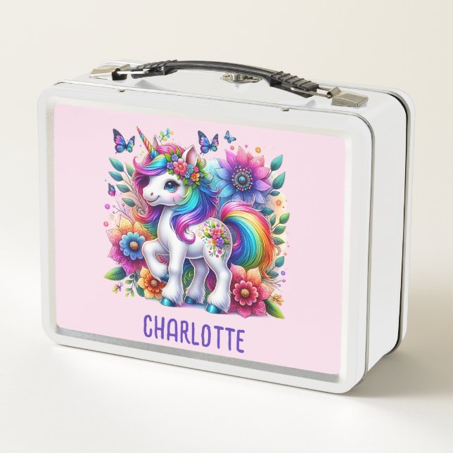 Girls Magical Unicorn Rainbow Kids Personalised  Metal Lunch Box (Back)
