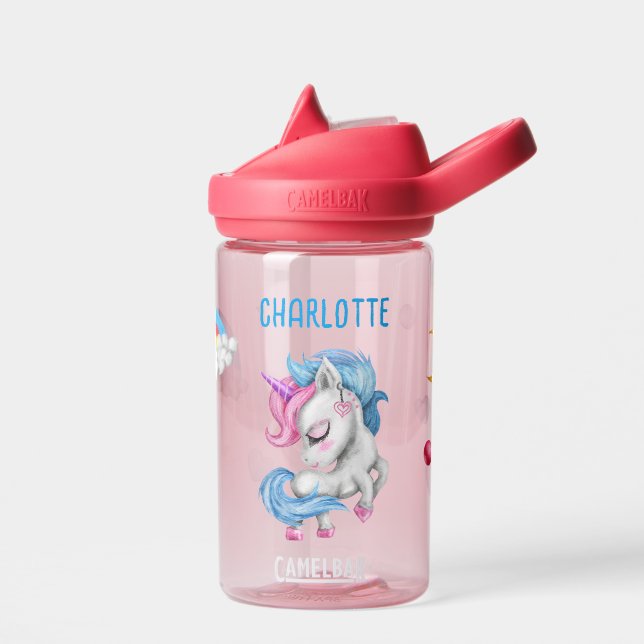 Girls Magical Unicorn Rainbow Kids Personalised  Water Bottle (Left)
