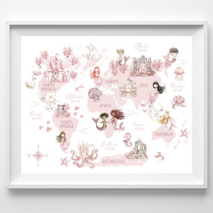 Girls Magical World Map, Pink Mermaids and castles Poster
