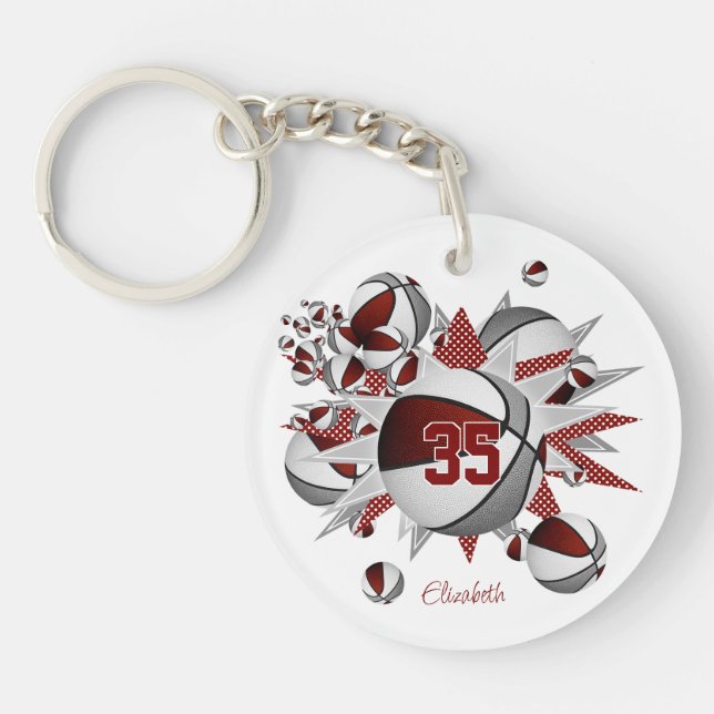 girls maroon grey basketballs stars  key ring (Front)