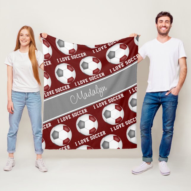 girls maroon grey soccer balls text pattern  fleece blanket (In Situ)