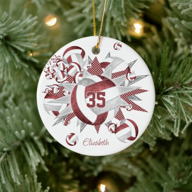 girls maroon grey volleyballs stars keepsake ceramic ornament (Tree)