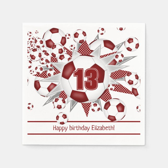 Girls maroon soccer birthday or team party napkin (Front)