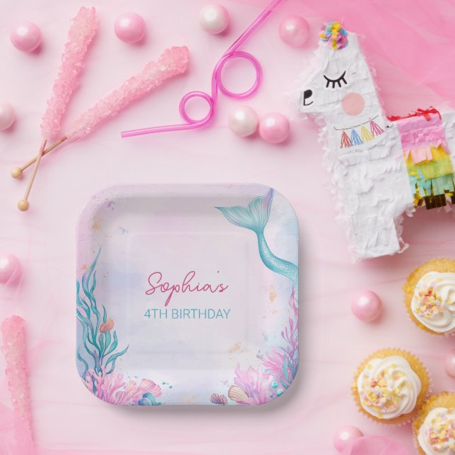 Girls Mermaid Birthday Party Watercolour Paper Plate (Party)
