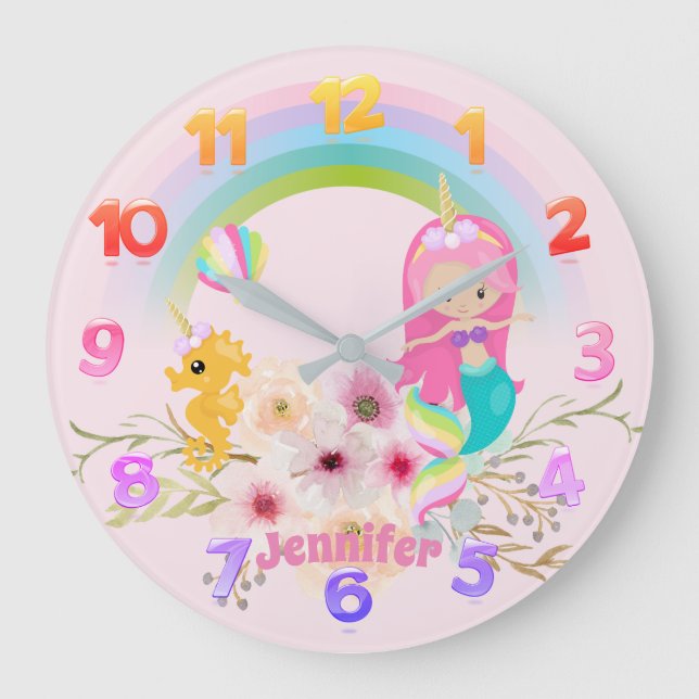 Girls Mermaid Unicorn Princess Nursery Clock Named (Front)