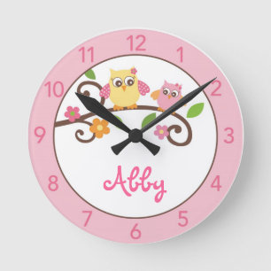 Girls Mod Owl Personalised Nursery Wall Clock