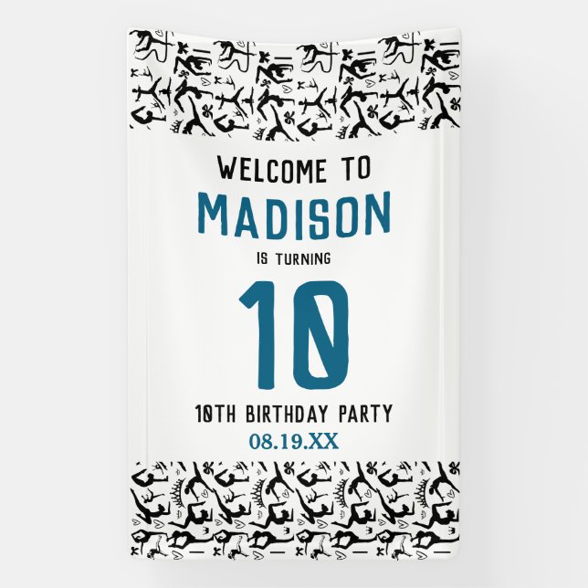 Girls Modern Black Gymnastics Kids 10th Birthday Banner (Vertical)
