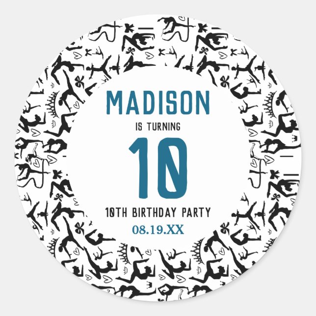 Girls Modern Black Gymnastics Kids 10th Birthday Classic Round Sticker (Front)
