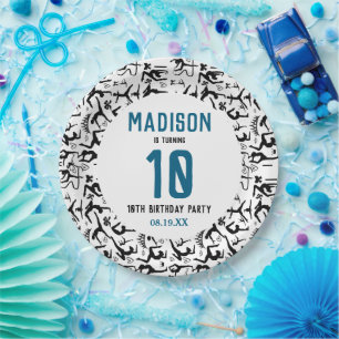 Girls Modern Black Gymnastics Kids 10th Birthday Paper Plate