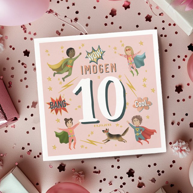 Girls Modern Comic Pink Superhero Kids Birthday Napkin (Creator Uploaded)
