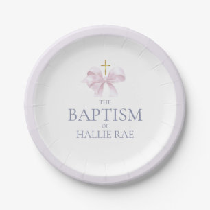 Girls Modern Pink Bow Baptism Paper Plate