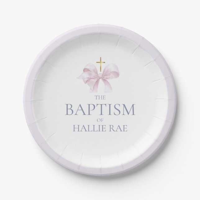 Girls Modern Pink Bow Baptism  Paper Plate (Front)
