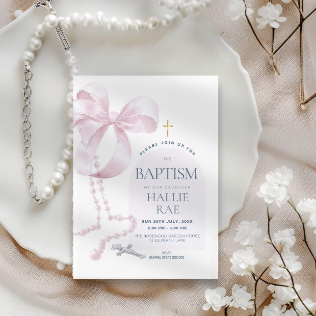 Girl's Modern Pink Bow & Rosary Baptism Invitation (Creator Uploaded)
