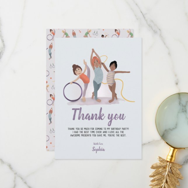 Girls Modern Purple Gymnastics Kids Birthday Thank You Card (Front/Back In Situ)