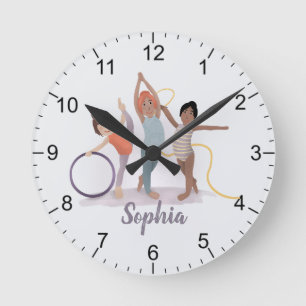 Girls Modern Purple Gymnastics Kids Round Clock