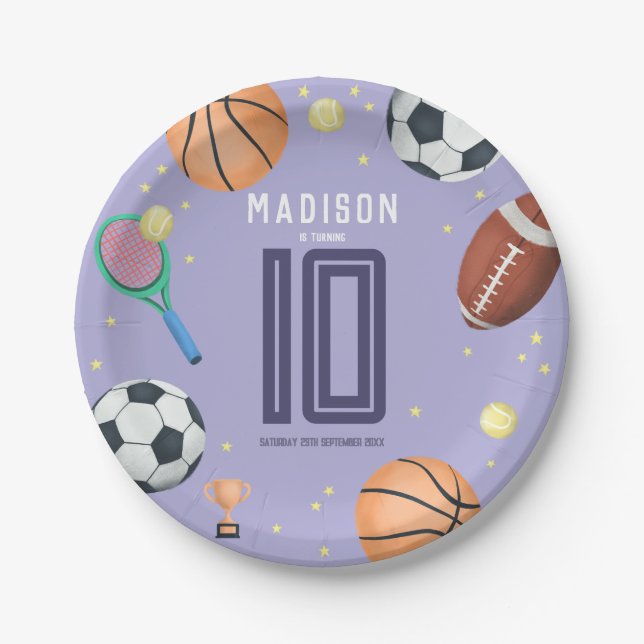 Girls Modern Purple Sports Kids Birthday Paper Plate (Front)