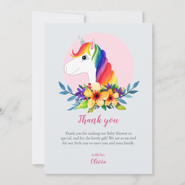 Girls Modern Rainbow Unicorn Flowers Baby Shower Thank You Card (Front)