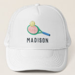 Girls Modern Sporty Tennis Kids Trucker Hat<br><div class="desc">This cute and modern trucker hat features a tennis racket and ball illustration and space for you to add your girls name. Perfect for sports lovers or gift for a budding athlete. Great for kids or adults,  the perfect tennis coach gift!</div>