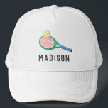 Girls Modern Sporty Tennis Kids Trucker Hat<br><div class="desc">This cute and modern trucker hat features a tennis racket and ball illustration and space for you to add your girls name. Perfect for sports lovers or gift for a budding athlete. Great for kids or adults,  the perfect tennis coach gift!</div>