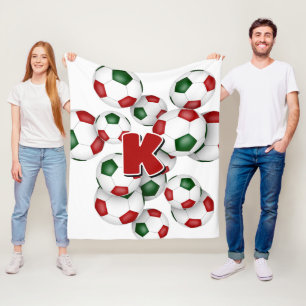 girls monogram on group of red green soccer balls fleece blanket