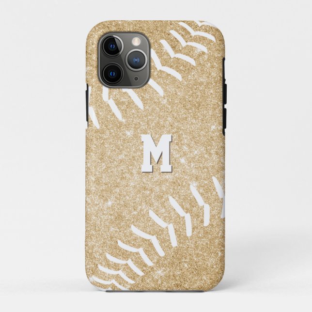 girl's monogrammed gold softball Case-Mate iPhone case (Back)
