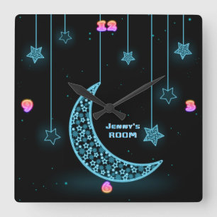 Girls Moon Stars NEON Light Style Personalised Square Wall Clock