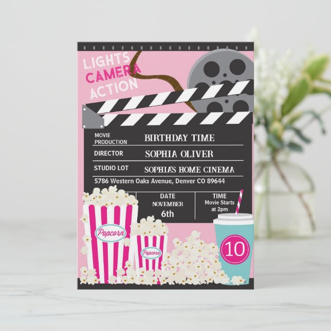 Girls Movie Night Birthday Party Invitation (Standing Front)