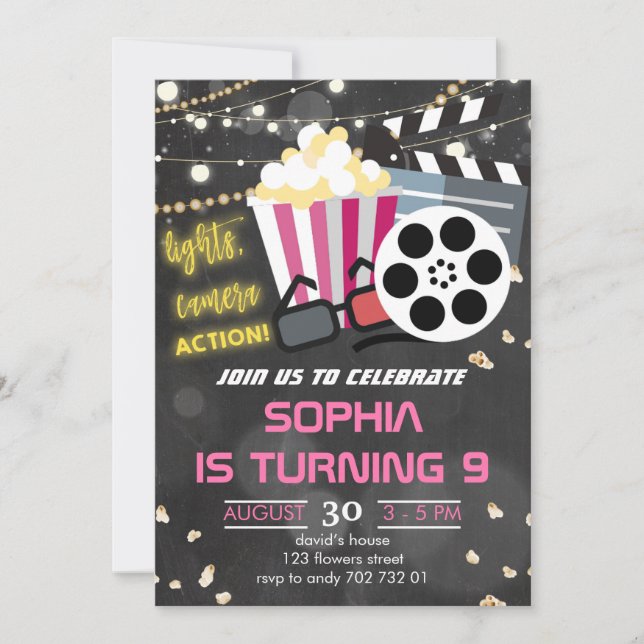 Girls Movie Night Party Backyard Movies Birthday Invitation (Front)