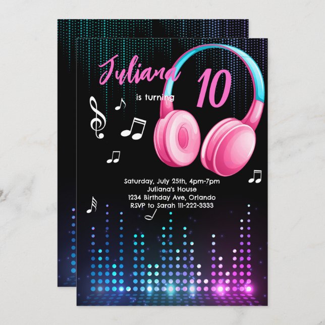 Girls Musical Glow Birthday Invitation (Front/Back)
