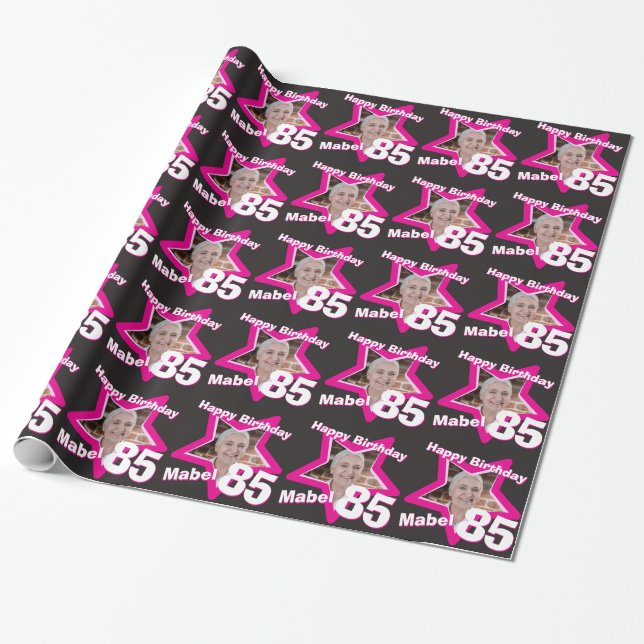 Girls name 85th birthday photo pink black wrap wrapping paper (Unrolled)