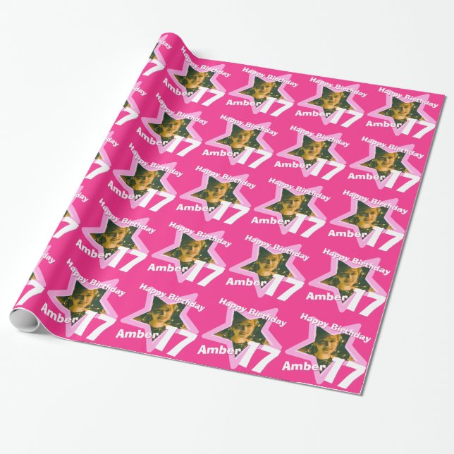 Girls name add your photo 17th birthday pink star wrapping paper (Unrolled)