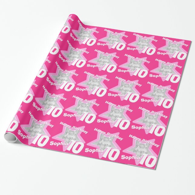 Girls name age 10 add your photo pink star pattern wrapping paper (Unrolled)