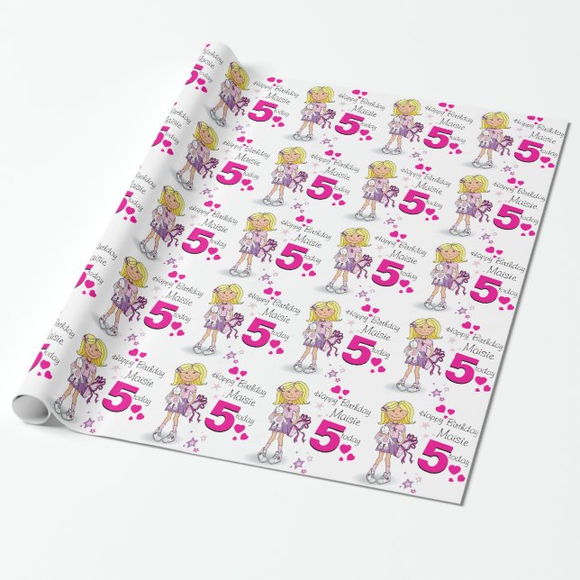 Girls name age 5 birthday girl patterned wrap wrapping paper (Unrolled)