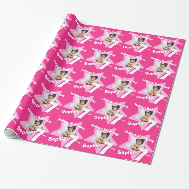 Girls name age 7 add your photo pink star pattern wrapping paper (Unrolled)