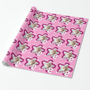 Girls name age add your photo pink star pattern wrapping paper