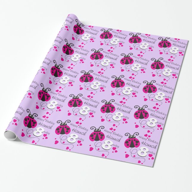 Girls name age ladybug birthday patterned wrap wrapping paper (Unrolled)